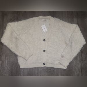 Lucky Brand Sweater Cream Fuzzy Silver Buttons NWT Womens Medium